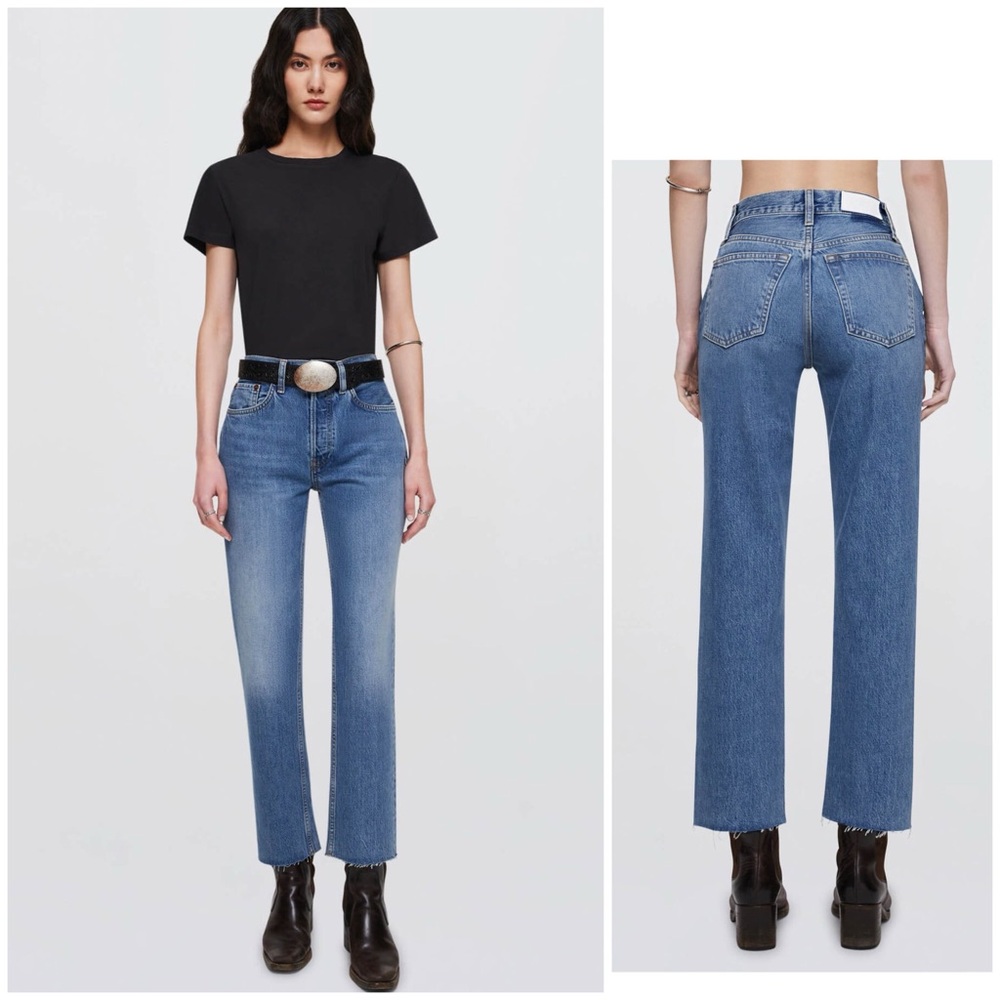 REDONE Originals High Rise Stove Pipe Cotton Button Fly Raw Hem Blue Jeans 28